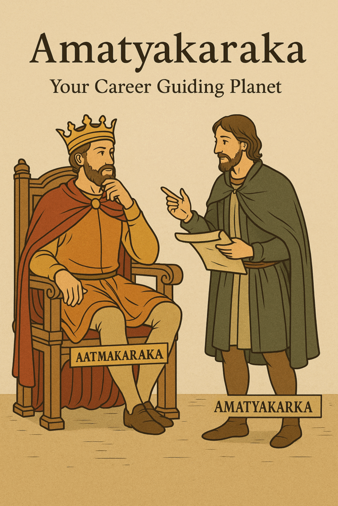 “Amatyakaraka in Vedic astrology represented as a king’s advisor guiding the ruler.”